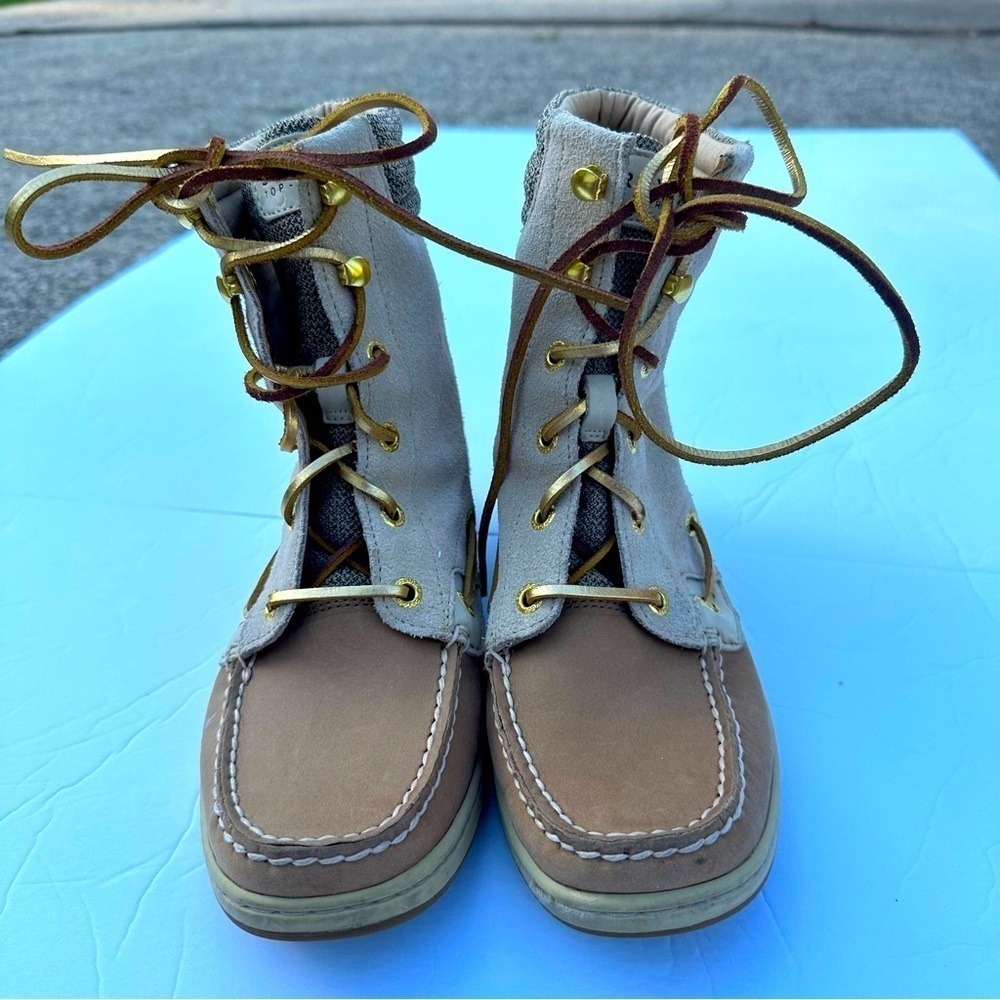 Sperry Hikerfish Women's Linen Leather Sparkle Suede Boots 7M Tan Gold